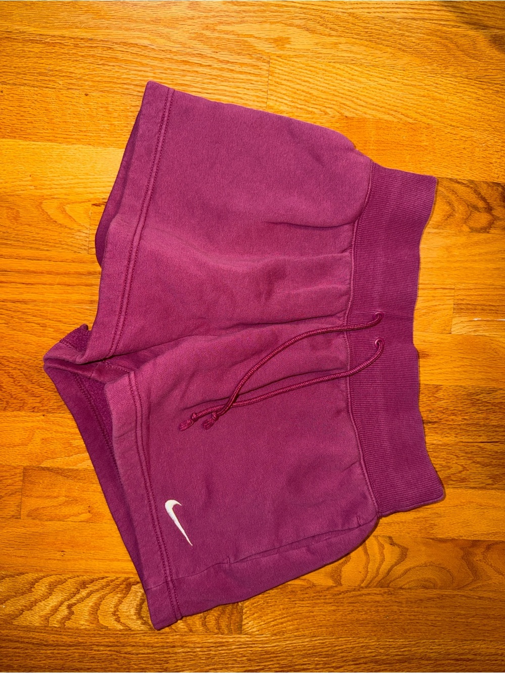 Nike Women’s Plum Drawstring Athletic Shorts with White Swoosh